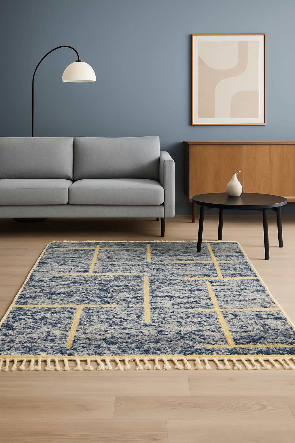 Modern Beni Mrirt Rug – Handwoven Wool with Indigo Grid Pattern